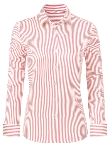 Ruisin Peach Button Down Dress Shirts for Women Striped Shirt Blouses & Button-Down Womens Work Tops Cotton Womens Long Sleeve Summer up Business Casual Peach L