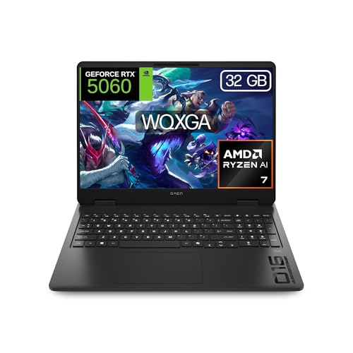 HP OMEN - Ordenador portátil Gaming 16' 2.5K WQXGA (AMD Ryzen AI 7 350, 32GB RAM, 1TB SSD, NVIDIA RTX 5060, FreeDos) Teclado QWERTY Español - Negro
