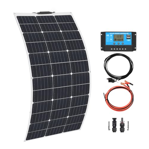 XINPUGUANG 100w 12v Kit de Panel Solar Flexible Módulo Monocristalino 10A Regulador de Carga Solar para Autocaravana, Caravana, Barco, Automóvil, Casa, Batería de 12v(100W kit solar)