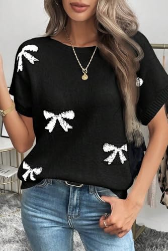 Women Bow Short Sleeve Sweater Lightweight Knit Pullover for Summer Trendy Cute Work Casual Tops2