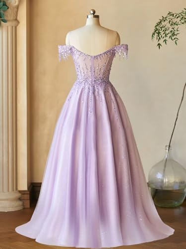 Off Shoulder Tulle Prom Dresses Long Ball Gown for Women Sequin Beaded Formal Evening Gown4