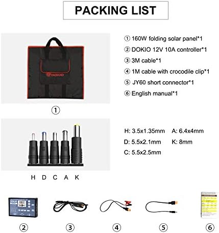 DOKIO 160W 18V Solar Panel Kit Monocrystalline Portable Flexible Folding Include Solar Charge Controller and PV Cable for 12V Battery Charging Camper Van
