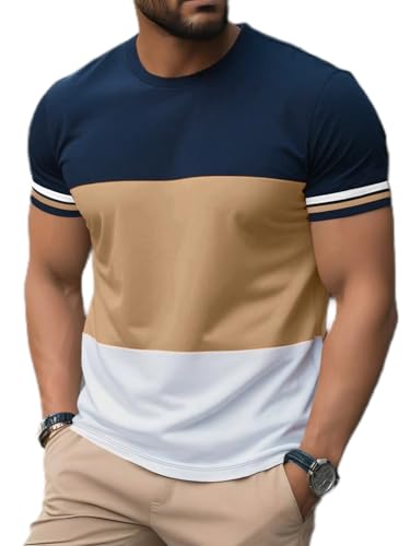 QJQ Men's Color Block Short Sleeve Crewneck T Shirts Casual Summer Striped Tee Shirt Streetwear Trendy Top Multicolor