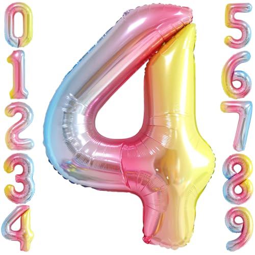 Image of Rainbow Gradient Number 4 Balloon 40 Inch Big Large Balloons 0-9 | 4th Helium Foil Mylar Number Balloons for Birthday Anniversary Party Decorations