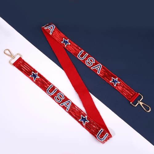 Image of Beaded 4th of July Purse Strap USA Purse Strap Replacement Red White and Blue Patriotic Crossbody Shoulder Bag Straps 4th of July Outfits (Style F)