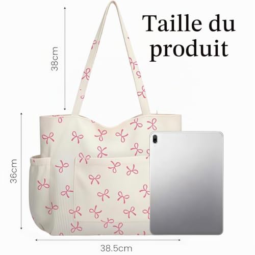 Vesavifaka Grand Sac en Velours Côtelé Femme, Joli Sac à Bandoulière Esthétique, Sac Shopper Femme, Sac en Toile Réutilisable avec Fermeture Éclair et Plusieurs Poches pour Travail École Sport – vue 2