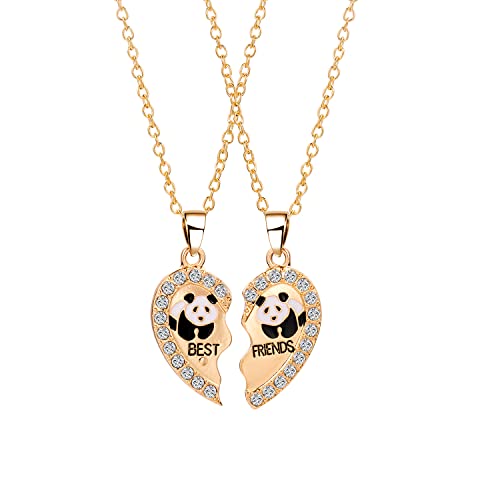 2 Stück Gold Freundschaftskette mit Gravur Best Friends set für Kinder Mädchen Paar Pärchen,Herz Strass Damen Kette Anhänger Panda Freundschaft Ketten Haslkette Schmuck Geschenke für BFF Beste Freunde