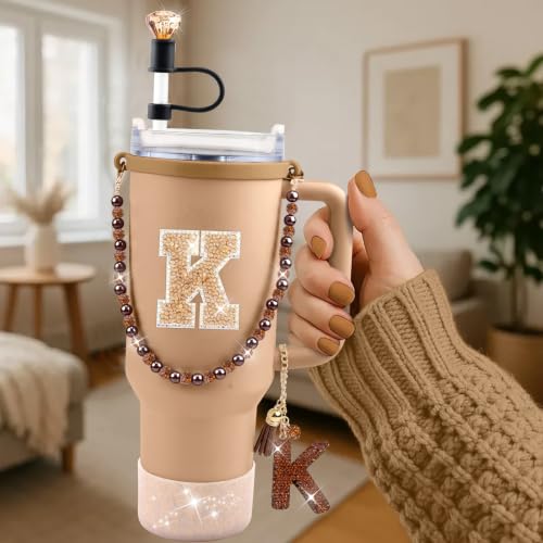 Hpebl 8PCS Brown for Stanley Cup Accessories 30/40 OZ Bling Rhinestones Initials Charms for Stanley Decorations Tumbler Accessories Set Including Diamond Straw Topper, Silicone Tumbler Boot(Letter T) - image 2