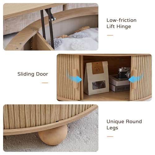 Image of Fluted Round Lift Top Coffee Table with Storage, Boho Circle Coffee Table | 33.5 inch Modern Lift Top Coffee Table with Sliding Door & Solid Wood Legs, Circle Round Center Table for Living Room