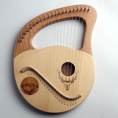 JHDDIA Box Type Lap Harp Spruce Metal Strings 21/24-Tone Tuning Wrench Plectrum Lyre Harp Carving Scales Easy to Learn Harp Instruments Portable(21-string,A)