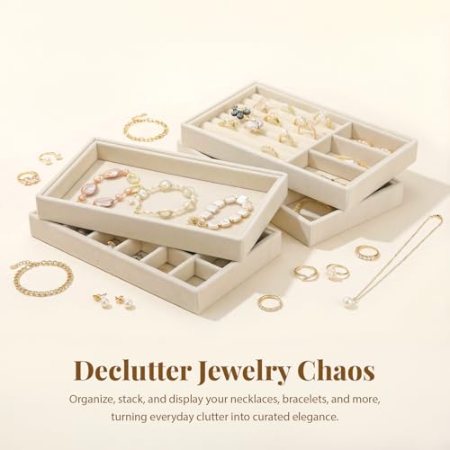 Image of Elsjoy 8 Pack Velvet Jewelry Trays, Stackable Jewelry Organizer Trays for Drawers, Beige Jewelry Storage and Display Tray Inserts for Necklaces, Rings, Earrings