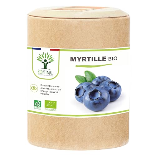 Myrtille Bio - Bioptimal - Complément alimentaire - Clarté visuelle Yeux Antioxydant Circulation - Lutéine Zéaxanthine Vitamine - 240mg par Gélule - Fabriqué en France - Certifié Ecocert - 200 Gélules