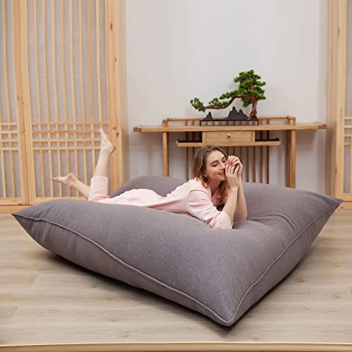 LazySof - Puff de salón y sillón, funda de puf gigante (sin relleno), gran sofá de algodón y lino, puf gigante de tela, puf de salón para niños adultos, luz gris 110 × 140 cm - imagen 3
