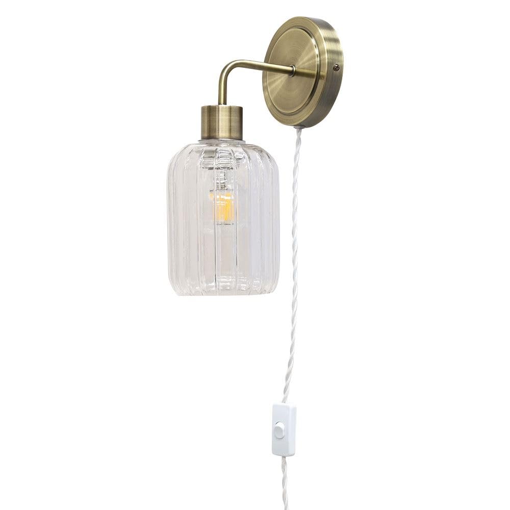 Firstchoicelighting Antique Brass & Clear Antique Brass Plug In Wall Light Or Bedside Reading Lamp With Clear Ribbed Lozenge Glass Shade