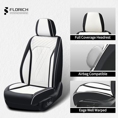 Image of FLORICH Leather Car Seat Cover Full Set Automotive Seat Covers 5 Seats Front and Back Seat Cover Full Coverage Car Seat Cushion Universal Fit for Most Car Truck SUV Seat Protection, Black&White