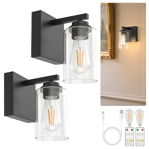 L LOHAS LED Rechargeable Wall Sconce Set of Two, Battery Operated Wall Lamp, No Wiring, Easy Install Cordless Wall Light, Stepless Dimming, Black, for Bedroom Living Room Bathroom Hallway