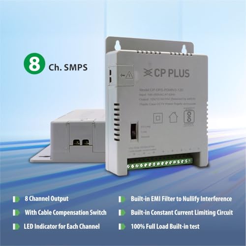 Image of CP PLUS 8-Channel CCTV Power Supply SMPS | 12V 5A High Efficiency Adapter with LED Indicators | EMI Filter|Overload & Short Circuit Protection|Use for Dome & Bullet Cameras| CP-DPS-PD08V2-12D