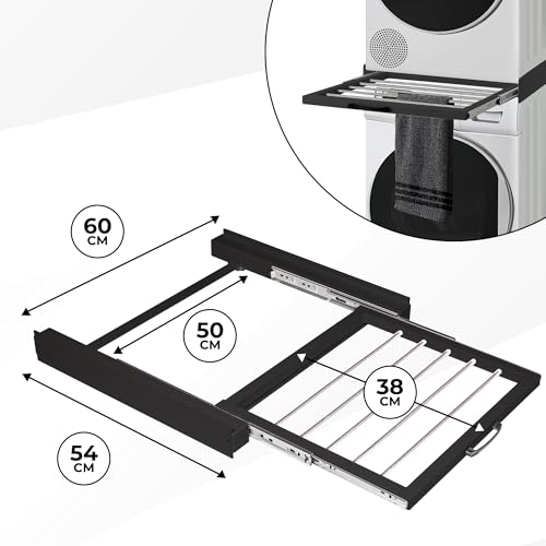 Vonia Zwischenbaurahmen Schwarz für Waschmaschine und Trockner – Stapelkit mit ausziehbarem Handtuchhalter – Metall, 60 x 54 x 7,5 cm – Tragkraft bis 100 kg