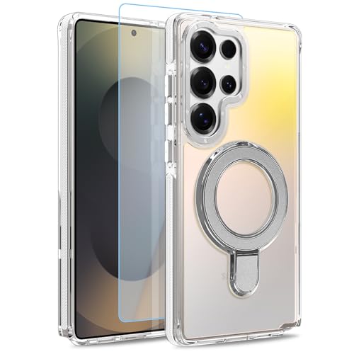 Image of Magnetic for Samsung Galaxy S25 Ultra Case with Stand [Compatible with Magsafe] [Cute Fluorescent Design] [1 Screen Protector] Slim Translucent Matte Case for Galaxy S25 Ultra 6.9 inch, White