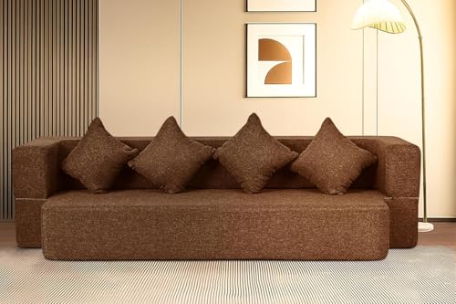 Image of Rosebell Flipper 3 Seater | 70 X 46 X 9 | Foldable Sofa Cum Bed with Washable Fabric Four Cushions for Living Room - Brown