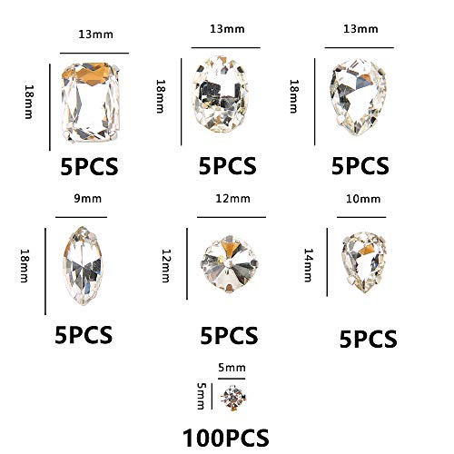 Clear Sew On Rhinestones, Choupee 130PCS Sew On Rhinestone Metal Back Prong Setting Sewing Claw Rhinestone Mixed Shapes Sew On Glass Gems for Jewelry, Clothes, Costume, Shoes,Dress, Garments
