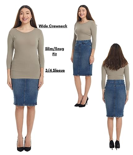 Image of ESTEEZ Women's 3 /4 Sleeve Wide Neck Layering T-Shirt - Modest Cotton Stretch Fitted Base Layer Top
