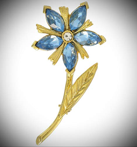 Brooch Pin Gold Tone Blue Rhinestone Flower 2 1/4