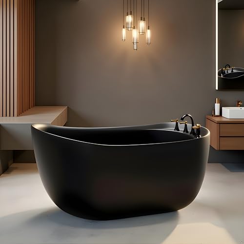 Image of MOON Freestanding Bathtub 150 cm - Black Matt Acrylic Soaking Tub with Hand Shower & Water Mixer, 6-Layer Reinforced Standalone Bath Tub, Premium Matt Finish