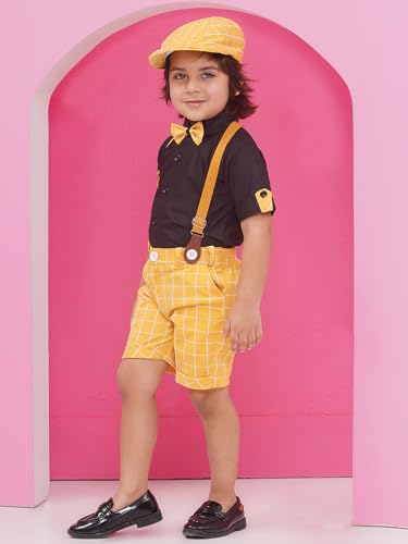 Image of AJ DEZINES Kids Clothing Cotton Blend Checkered Printed Shirt Shorts With Cap and Suspenders Set for Boys