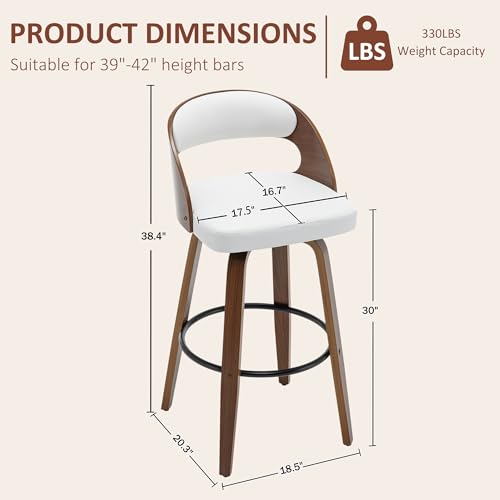 Image of AQG Swivel Bar stools Set of 2 Bar Chairs 30 inch Counter Height Mid-Century Modern Bentwood Barstool PU Leather Upholstered Bar Chair with Back and Footrest, for Bar, Cafe, Dining, Kitchen Island, White
