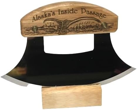 The Ulu Factory Alaska Birch Ulu Knife 6" Stainless Steel Blade with Block Wood Stand Inside Passage Whale Tail