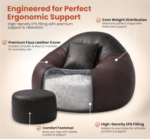Image of Sattva Classic 2XL Bean Bag Chair with Beans Filled | Faux Leather Sofa Style Bin Bags with Footstool & Cushion | Comfortable Beans Bag for Adults, Teens, Home & Office Seating (Black & Brown)