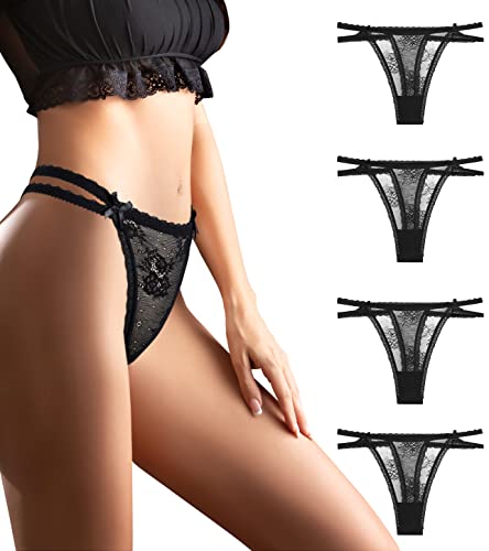 MAIXUN Höschen für Frauen Damen Tanga aus Damen Tanga aus Spitze Damen String Tangas Unterhosen Spitze Gemütlich Panties Hipster Dessous Strings Damen 4er Pack Strings Damen (Schwarz 4er-Pack-XL) Cover