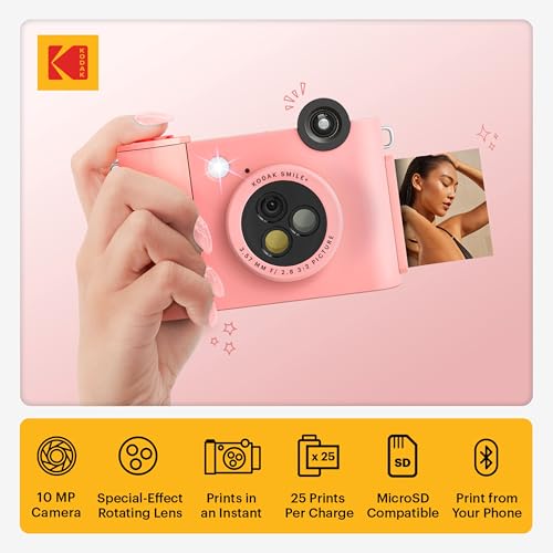 Image of Kodak Smile+ 2-in-1 Digital Instant Print Camera & Photo Printer Gift Bundle + Case + Zink 2x3 Sticky Back Photo Paper 20pk + Album + Sticker Sets + Sticker Frames + Hanging Frames + Markers - Pink