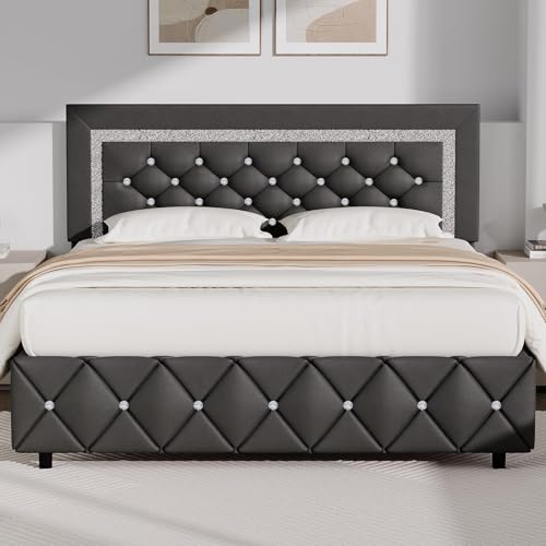 BarnFurin Full Bed Frame with Diamond Tufted Headboard, Faux Leather