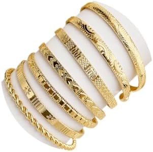 IFKM Gold Bangle Bracelets For Women Girls, 14k Gold Plated Multi Layer Stackable Cuff Bracelet Set, Elegance Charms Non Tarnish Minimalist Textured Boho Jewelry for Women