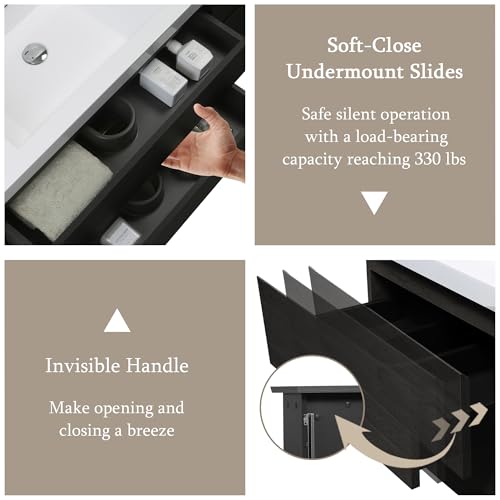 Image of KEIKI 48 inch Floating Bathroom Vanity with Sink, Pre-Assembled Wall-Mounted Vanity with Resin Basin, 2 Soft-Close Drawers & Doors, Modern Space-Saving Bathroom Cabinet, Black