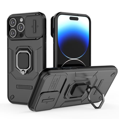 Image of Polycarbonate Camshield Pro Case With Slide Camera Protection And 360 Protection Ring Stand Bumper Back Case Cover For iPhone 14 Pro Max (Black)