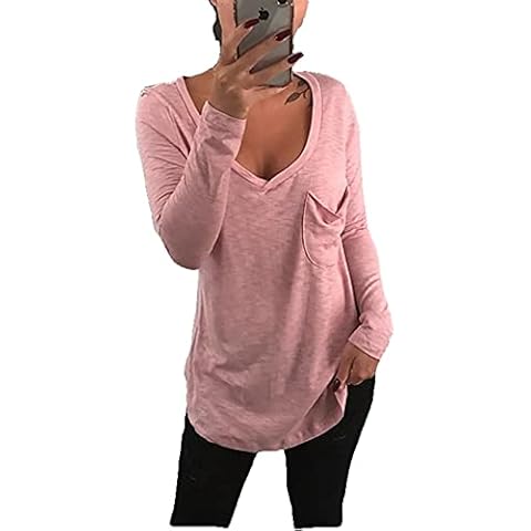 Janepam Womens Tops Shirt Solid Color Plain Long Sleeve Deep V-Neck Low-Cut Long Sleeve Pocket Base Layer Casual Blouse(A Pink,2XL) Cover