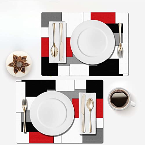 Kinuuis Red Table Runner And Placemats Set,Grey Geometric Cloth Place Mats For Kitchen,Black Placemats Modern Art Washable Linen Material For Dining Table #TOP1