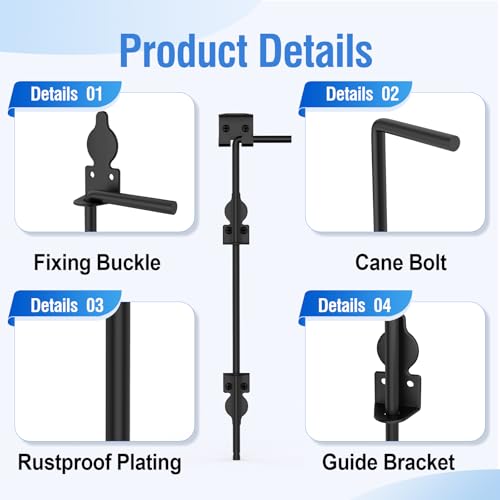 Image of 18 inch Cane Bolt Heavy-Duty Drop Rod for Gate, Heavy Duty Gate Latch for Wooden Fence Metal Gates, Vinyl Fence Gate Land Latch, Floor Latch for Fixing Door to The Ground, Black Coating, 1 Pack