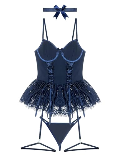 Image of Mixxmix Women Sexy Lingerie Set Naughty Lace Up Corset Bodysuit Underwire Lingerie Babydoll With Garter Belt and Bow Tie