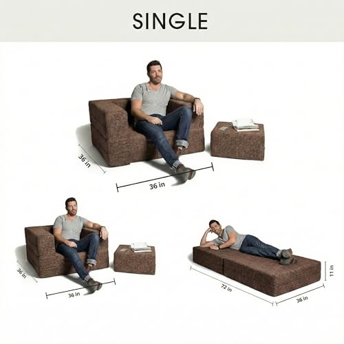 Image of C-Type Sofa Bed 3x6 Ft with Pouffe - Jute Fabric Convertible Floor Sofa Cum Bed with Wide Arm Support for Living Room & Guest Room - Brown Color