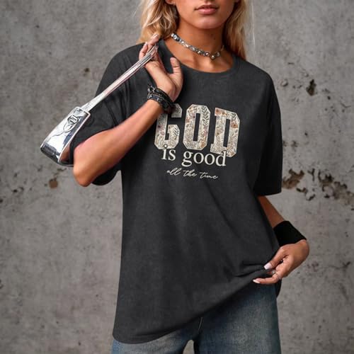 Image of Christian God is Good Shirts for Women Jesus Faith Religious T Shirts Floral Graphic Oversized Acid Washed Tee Tops