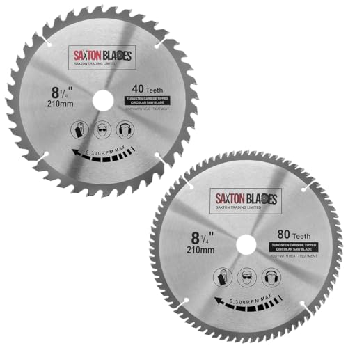 Lames de scie à bois circulaire Saxton TCT pour scie à onglets 210 mm x 40 et 80 dents x alésage de 25,4 mm compatibles avec les scies Evolution Rage (lot...