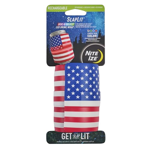 Nite Ize SlapLit Rechargeable LED Drink Wrap - Patriotic Can Wrap for Beer, Soda & More - Multiple Lighting Features - Weather-Resistant Drink Holder to Keep Cans Cold - USA, Disc-O Select