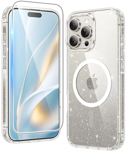 Image of FNTCASE for iPhone 16 Pro Case: Clear Magnetic Phone Cases Compatible with Magsafe Slim Anti Yellowing Military Grade Drop Protection Rugged Protective Transparent Cell Cover (B-Glitter Magnetic)