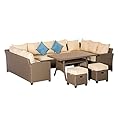Outsunny 6 Piece Patio Furniture Set, PE Wicker Outdoor Furniture Conversation Set with 3 Sofas, 2 Ottomans and Slatted WPC Top Dining Table, All Weather Sectional Sofa Couch with Pillows, Khaki