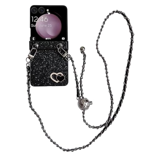 SCQYCWA Samsung Galaxy Z Flip 7�p �`�F�[���t�����킢���P�[�X�A�����p�▭�ȃn�[�g�V���v���ȃf�U�C���APU���U�[�ی�ϏՌ��n�[�h�t�H���J�o�[(�u���b�N)