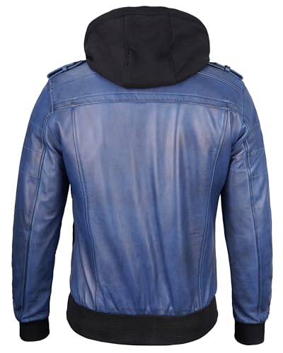 Image of Decrum Mens Leather Jacket - Detachable Hood Stylish Real Lambskin Leather Bomber Jacket Men